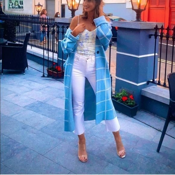 NWT ZARA PLAID COAT BLUE WHITE M BLOGGER'S FAV - Picture 1 of 11